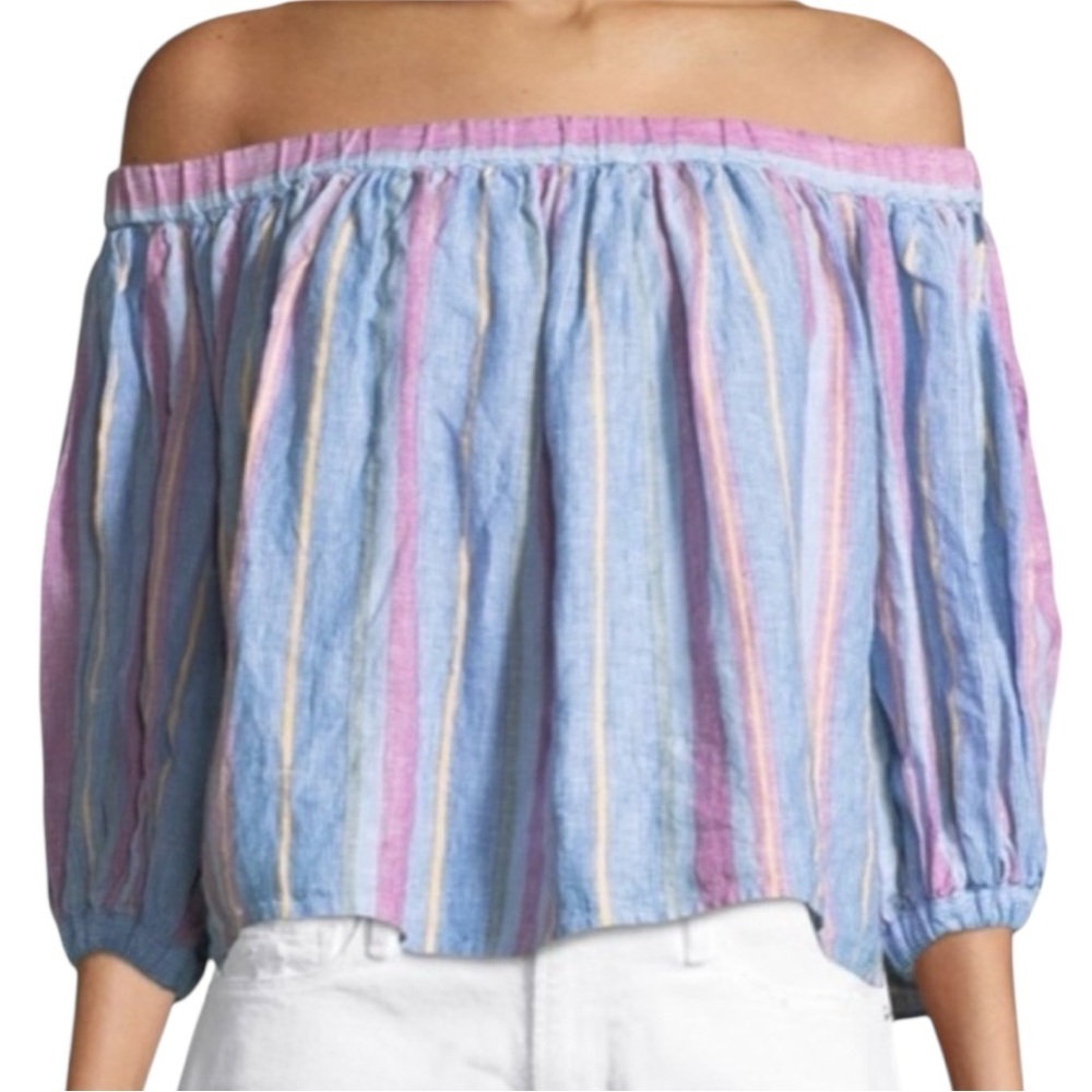 NEW Frame Off-the-Shoulder Striped 100% Linen Top Purple Multi SZ L